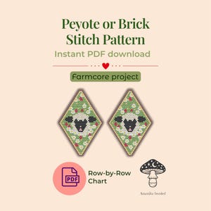 Puede incluir: Un patrón PDF digital para punto Peyote o Brick, con un proyecto farmcore. El diseño incluye dos patrones de abalorios en forma de diamante con caras de ovejas, rodeados de elementos florales verdes y rojos. El texto dice "Peyote or Brick Stitch Pattern".