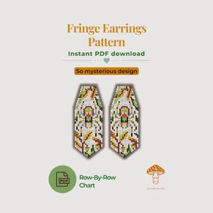 May include: A digital pattern for fringe earrings featuring a spider motif in white, green, yellow, and brown. The text reads Fringe Earrings Pattern, Instant PDF download, So mysterious design, Row-By-Row Chart, and Amanita beaded.