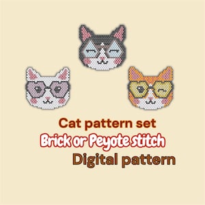 Könnte beinhalten: Ein Set aus drei Perlenkatzenmustern, die jeweils eine Sonnenbrille tragen. Die Katzen sind weiß, schwarz und orange, mit dem Text "Cat pattern set" und "Brick or Peyote stitch Digital pattern" darunter.