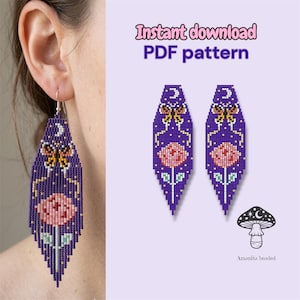 May include: Purple beaded earrings with a butterfly and flower design. The earrings have a long, teardrop shape and feature a pink rose, a yellow butterfly, and a crescent moon. The text "Instant download PDF pattern" is visible.