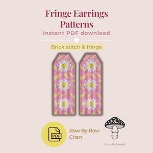 May include: A digital download graphic featuring two beaded fringe earring patterns with a daisy design in pink, white, and yellow. The text reads "Fringe Earrings Patterns" and "Instant PDF download". Includes a PDF icon and a mushroom illustration.