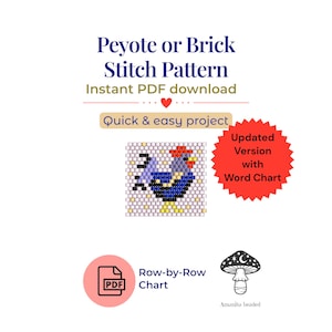 Pode incluir: Um padrão PDF digital para ponto Peyote ou Brick, com um desenho de galo. A imagem inclui o texto "Peyote or Brick Stitch Pattern" e "Instant PDF download". Também inclui um "Row-by-Row Chart" e "Updated Version with Word Chart".