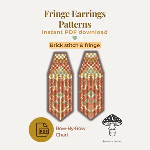 May include: An image of two beaded fringe earring patterns in a brick stitch design. The earrings are primarily orange with white, yellow, and light blue accents. The text reads "Fringe Earrings Patterns" and "Instant PDF download".