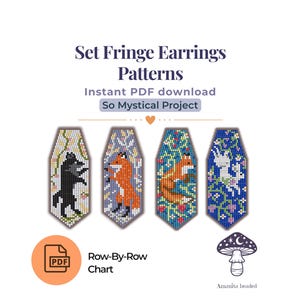 Pode incluir: Conjunto de padrões de brincos de franja com desenhos de animais. Os padrões incluem um lobo preto, uma raposa laranja, uma segunda raposa laranja e um coelho branco. O texto diz "Set Fringe Earrings Patterns" e "So Mystical Project".