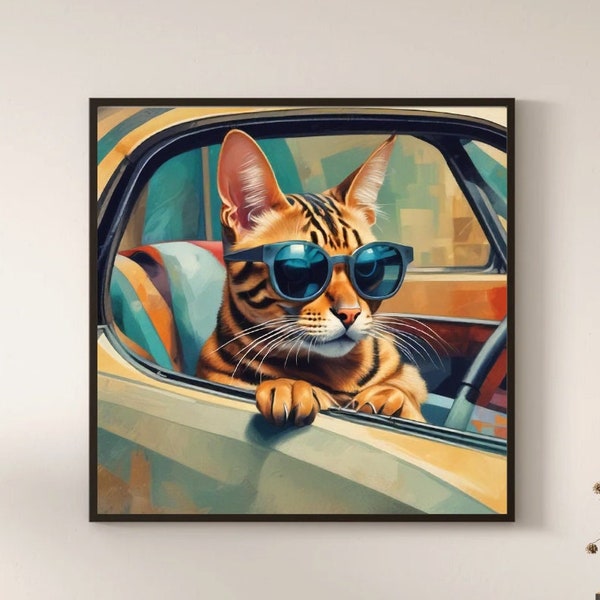 Bengal Cat Sunglasses Cruisin' Canva, Colourful Cat Art Canvas Art Nursery Decor Animal Wall Art Grafitti Art Wall art Room Decor Cat Lovers