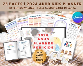 2024 ADHD Planner for Kids, Canva Template (PLR)