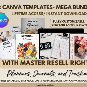 72 Canva Plr Products Mega Bundle, Canva PLR, Digital Products Resell, Planners, Journals, Trackers, Master Resell Rights, PLR, Mrr