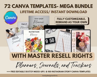 72 Canva Plr Products Mega Bundle, Canva PLR, Digital Products Resell, Planners, Journals, Trackers, Master Resell Rights, PLR, Mrr