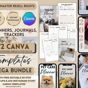 72 Canva PLR Templates, PLR Digital Planners, Journals, Trackers, Master Resell Rights, Canva Template Bundles, Digital Products Resell, Mrr