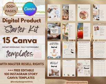 Modelos Canva com mais de 500 páginas: Kit inicial de produtos digitais, 15 modelos PLR editáveis do Canva, direitos de revenda mestre, produtos PLR, pacote PLR