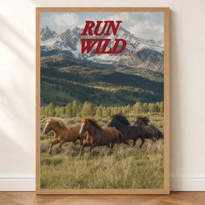 Running Horses Mountain Poster | Western Landscape Wall Art | Black and White or Color Print | Boho Ranch Decor