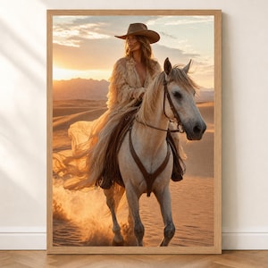 Cowgirl Dunes Poster | Western Fashion Editorial Wall Art | Desert Horse Photography Print | Boho Cowgirl Decor