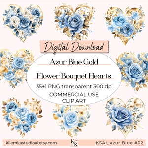 Azur Blue Gold Flower Bouquet Hearts Commercial Use Sublimation PNG Illustration Digital Download Love Printable Clip Art Valentine Day POD
