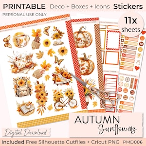 GIRASOLES DE OTOÑO, pegatinas imprimibles para planificador, cajas completas, Happy Planner, Erin Condren, Cricut PNG, archivo Silhouette, pegatinas de otoño
