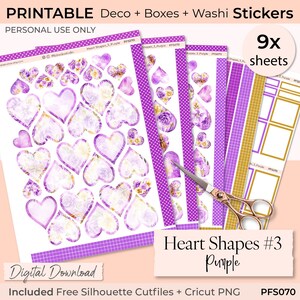Adesivo de planejador roxo para impressão em formato de coração, caixas cheias, washi, diário, scrapbooking, bujo, planejamento de memórias, Cricut, arquivo Silhouette