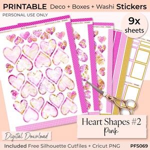 Adesivo de planejador rosa em formato de coração para impressão, Caixas cheias, Washi, Diário, Scrapbooking, Bujo, Planejador feliz, Cricut, Arquivo Silhouette, Faça você mesmo