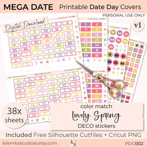 MEGA DATE Lovely Spring, Printable Day Date Cover Stickers, Days of the Week, Functional Planner Stickers, Everyday Daily Plan, Productivity