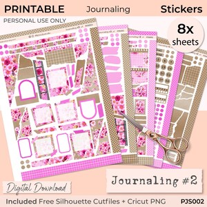 KIT D'AUTOCOLLANTS DE JOURNAL - Stickers imprimables pour Bullet Journals, scrapbooking, planification de la mémoire, thème floral rose, BuJo, Cricut png thumbnail