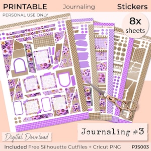 KIT D'AUTOCOLLANTS DE JOURNAL - Stickers imprimables pour Bullet Journals, scrapbooking, planification de mémoire, thème floral violet, BuJo, Cricut