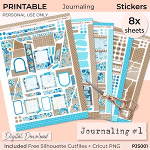 KIT D'AUTOCOLLANTS DE JOURNAL - Stickers imprimables pour Bullet Journals, scrapbooking, planification de la mémoire, thème floral bleu, BuJo, Cricut png thumbnail