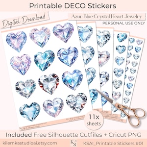 Adesivos decorativos para decoração e planejador Azur Blue Crystal Heart Jewelry para impressão Happy Planner Erin Condren Journal Scrapbook Download digital DIY
