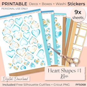 Adesivo de planejador azul em formato de coração para impressão, Caixas cheias, Washi, Diário, Scrapbooking, Bujo, Planejador feliz, Cricut, Arquivo Silhouette, Faça você mesmo