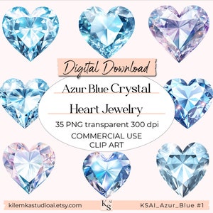 Azur Blue Crystal Heart Jewelry Commercial Use Sublimation PNG Illustration Digital Download Love Gem Printable Clip Art Sweet Valentine POD