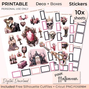 PINK HALLOWEEN, Printable Planner Stickers, Spooky, Girly, Pink & Black, Happy Planner, Erin Condren, Full Boxes, Cricut, Silhouette file
