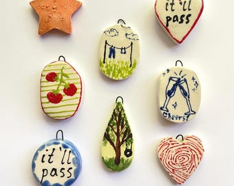 Ceramic charms- pendants, handmade and painted charm