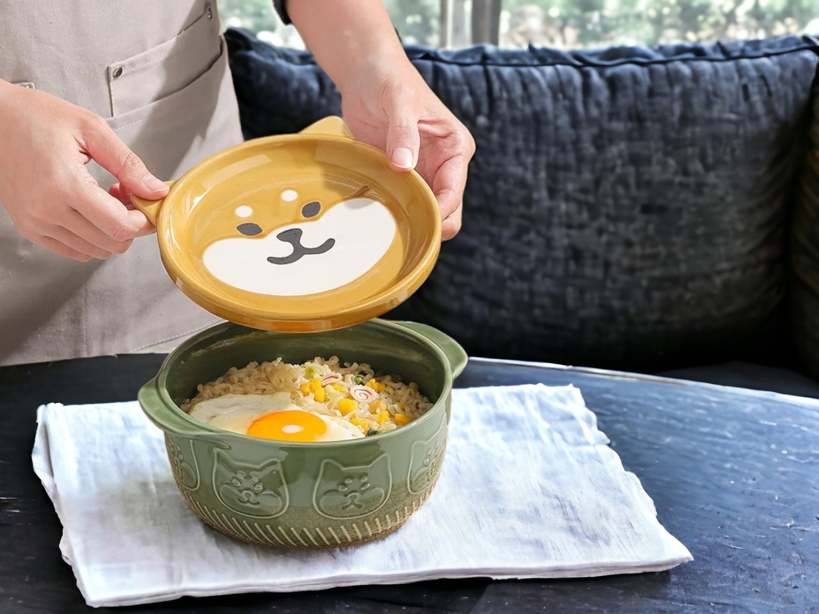 Microwavable Ceramic Noodle Bowl with Handle and Glass Lid Cute Cartoon Ocean
