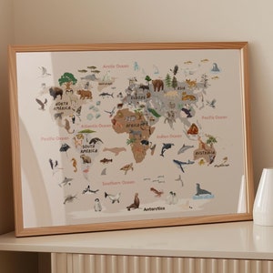 Light Pink Educational Poster: World Map Animals, Classroom Decor, Girl Playroom Ideas, Homeschool Learn Continents Geoprahy Teaching Poster