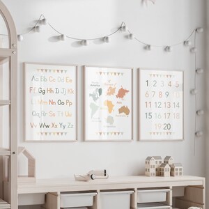 3 neutrale Kinderzimmer Lernposter Alphabet Zahlen & Kontinente, Klassenzimmer Deko, ABC Lernen für die Homeschool, Geoprahy Lehrposter