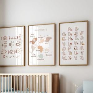 3 neutrale Kinderzimmer Lernposter Alphabet Zahlen & Kontinente, Klassenzimmer Deko, ABC Lernen für die Homeschool, Geoprahy Lehrposter