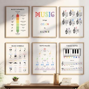 May include: Six framed music education posters with text and graphics. The posters include topics like music dynamics, symbols, note values, and basic notes. One poster reads "MUSIC brings COLOR to SILENCE."