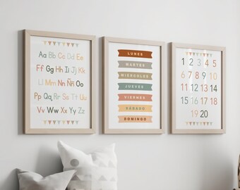 IN SPANISH - 3 Nursery Educational Posters Alphabet Numbers & Days of The Week, Classroom Decor, ABC Learning for Homeschool Teaching Poster