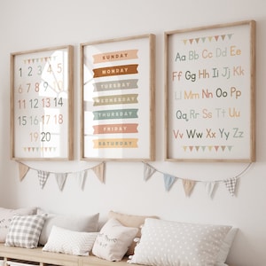 3 Kinderzimmer Lernposter Alphabet Zahlen & Wochentage, Klassenzimmer Dekor, ABC lernen für Homeschool oder Klassenzimmer Unterricht Poster