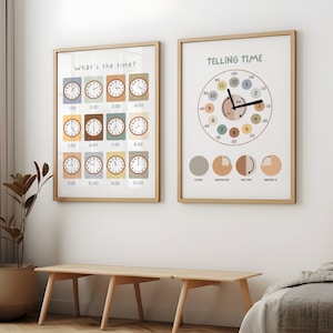 2 carteles educativos neutros para guardería: reloj para leer la hora y aprender, decoración para el aula, aprendizaje para la educación en casa, póster para la enseñanza en el aula