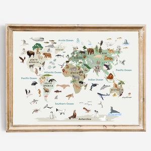 Educational Geography Teaching Poster: World Animal Map, Classroom Decor, Playroom Ideas, Homeschool, Learn Continents, Woodland Nursery
