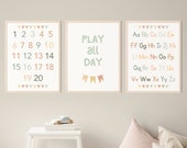 Soft Neutral Nursery Educational Posters Alphabet, Learn Numbers Count to 20, Classroom Decor, ABC Learning for Homeschool, Teaching Poster