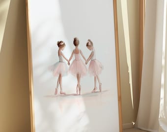Three Little Cute Ballerinas Digital Print, Ballet Wall Art, Pink Girls Room Decor, Dance Studio Printable Artwork, Playroom Classroom Decor