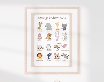 May include: A printable chart with illustrations of animals representing different emotions. The chart is titled "Feelings and emotions" and includes words like "Excited", "Sad", "Happy", "Angry", "Calm", "Sleepy", "Shy", "Proud", "Surprised", "Worried", "Silly", "Embarrassed", "Disappointed", "Scared", "Hurt", and "Tired".