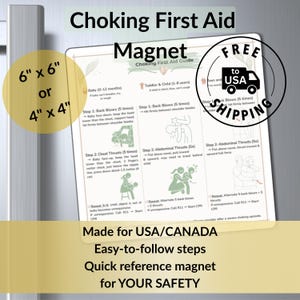 May include: A rectangular choking first aid magnet with instructions for babies and children. The magnet is available in 15 cm x 15 cm or 10 cm x 10 cm sizes. Includes free shipping to the USA. The magnet has easy-to-follow steps for safety.