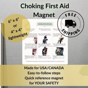 May include: A rectangular magnet with choking first aid instructions. The magnet is available in 15.24 cm x 15.24 cm or 10.16 cm x 10.16 cm sizes. The magnet includes a free shipping icon and text that reads "Made for USA/CANADA".
