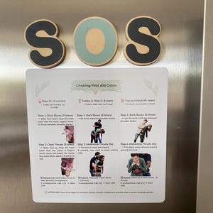May include: A first aid guide for choking, with instructions for babies, toddlers, and adults. The guide includes illustrations and steps for back blows and abdominal thrusts. The word "SOS" is displayed above the guide.