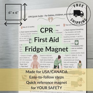 May include: A square 6 inch by 6 inch CPR first aid fridge magnet featuring instructional text and illustrations for babies, children, and adults. The guide includes step-by-step emergency procedures, compression depths, and rescue breath instructions.