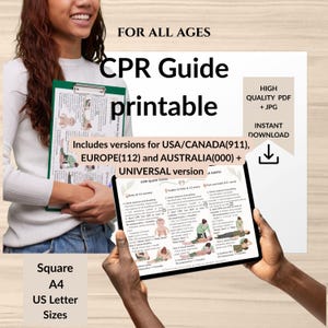 May include: A CPR guide printable featuring instructions for all ages. Text includes FOR ALL AGES, CPR Guide printable, HIGH QUALITY PDF + JPG, INSTANT DOWNLOAD, and versions for USA/CANADA(911), EUROPE(112), AUSTRALIA(000), and Square, A4, US Letter sizes.