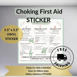 May include: A 14 cm by 14 cm square vinyl sticker featuring a Choking First Aid guide. The instructional graphic includes text and illustrations for infants, toddlers, children, teens, and adults, detailing back blows and chest thrusts.