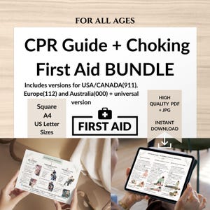 May include: A CPR Guide and Choking First Aid bundle featuring text for all ages, including versions for USA/CANADA 911, Europe 112, Australia 000, and universal use. The bundle includes high-quality PDF and JPG files in square, A4, and US Letter sizes.
