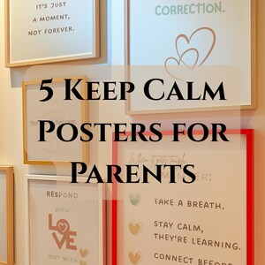 May include: Five framed posters with inspirational quotes for parents. The posters have a white background with text in various fonts and colors. One poster reads "It's just a moment, not forever."
