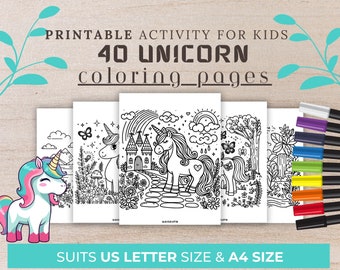 May include: A set of 40 printable unicorn coloring pages for kids. The pages feature a variety of unicorn designs, including unicorns with rainbows, castles, and butterflies. The pages are suitable for US Letter and A4 size paper.